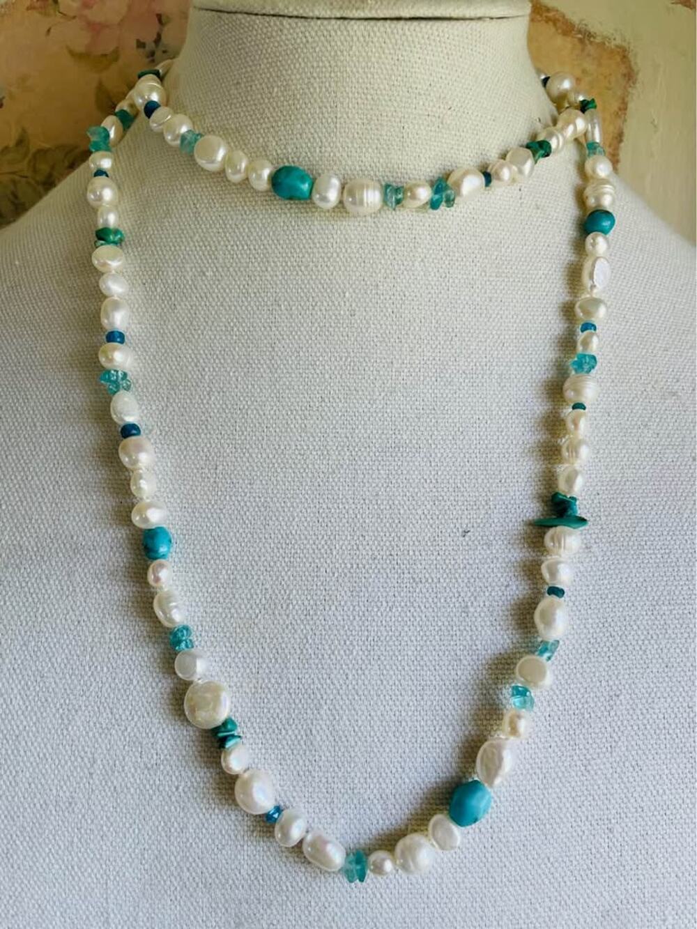 Long Pearl and Turquoise Necklace